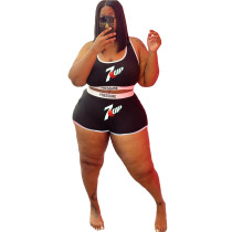 Plus Size Black Fashion Sexy Printed Letter Sports Vest and Shorts Two Piece