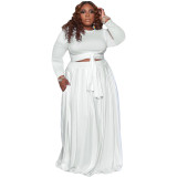 Two Piece Set Plus Size Bandage Blouse and Long Skirt with Pocket