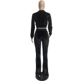 Autumn Winter Black Velvet Sports Sweatshirt Crop Top and Trousers