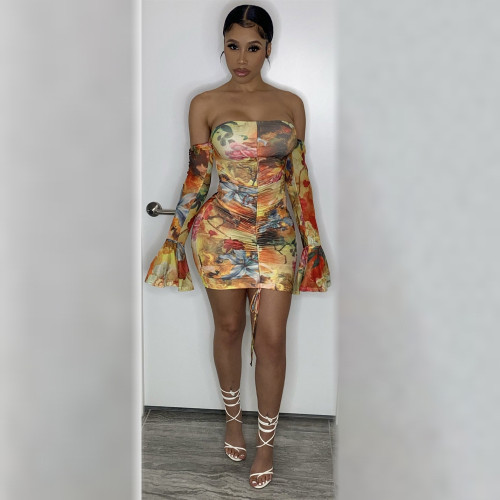 Sexy Print Fold Off The Shoulder Pencil Skirt Dress