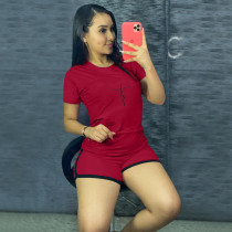 Red Casual Print Split Joint O Neck Short Sleeve Sportswear Two Pieces