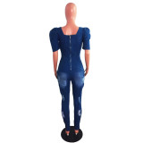 Slim Short Sleeve Ripped Pleated Denim Jumpsuit