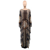 Women Long Sleeve Mesh Party Beach Cover UP Dress Vintage Casual Floral Printed Maxi Long Sundress