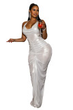 Solid Color Deep V Halter Stacked Maxi Dresses
