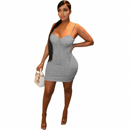 Summer Women's Fashion Grey Party Low-cut Straps Solid Color High Waist MINI Dress