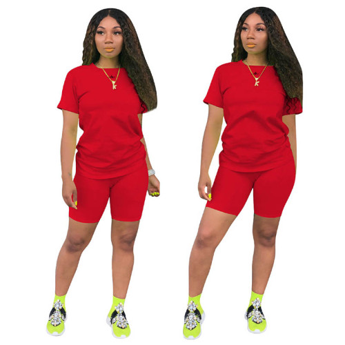 Solid Color Short Sleeve Two Piece Shorts Set