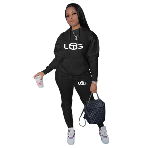 Casual Black Two Piece Printed Twill Sweatshirt Sports Hoodie Pant Set