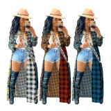 Plaid Print Patchwork Shirt Collar Long Blouse