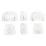 Casual Solid Color Piled Sleeves Crop Shirt Shorts Set