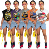 Casual White Cool Racing Print Bandage Hollowed Out Split Joint O Neck T-Shirts