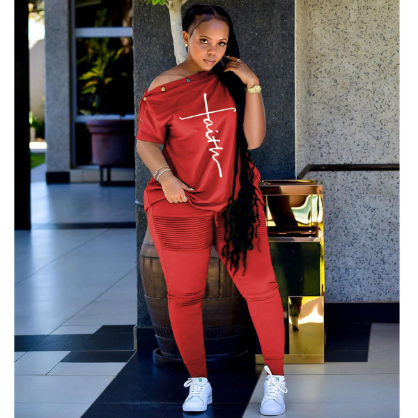 2022 Summer Loose Red Printed Slanted Shoulder Breasted Shirring Two Pieces Sets