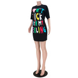 Fashion Multicolor Contrast Printed Letter T-Shirt Dress