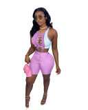 Contrast Stitching Hollow Lace-up Two Piece Short Pant Set
