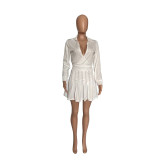 Solid Color White Fall Dress Two Piece Pleated Skirt Set