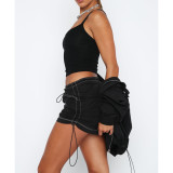 Solid Color Shirred Elastic Buckle Athleisure Pocket Cargo Skirts