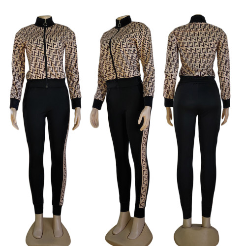 Casual High Neck Zipper Printed Letter Autumn 2 Piece Pant Set