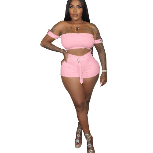 Sexy Solid Pit Clubwear Split Joint Off the Shoulder Short Sleeve Two Piece Shorts Set