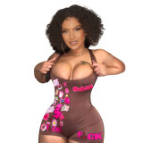 Streetwear Sexy Hot Tight High Elastic Fashion Printed Halter Neck Shorts Rompers