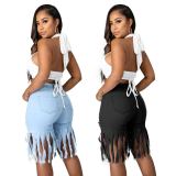 Spring Casual Solid Color Tassel Frayed Midi Jeans