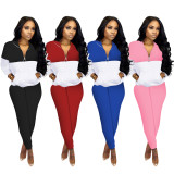 Womens Two Piece Outfits Zip Up Tops Pocket Bodycon Long Pants Color Block Pant Set