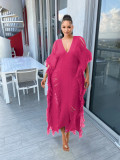 Solid Color Manual Knitted Sheer Fringed Dress