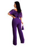 Women Slim Ruffle Off Shoulder Short Sleeve Solid Long Pants Jumpsuit with Belt