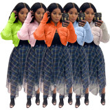 Fashion Women's Stitching Ribbed Casual Stand Collar Crop Padded Jacket
