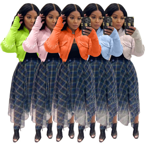 Fashion Women's Stitching Ribbed Casual Stand Collar Crop Padded Jacket