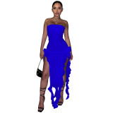 Solid Color Slits Strapless Fungus Long Skirt Stitching Bandeau Dresses
