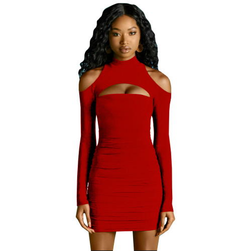 Autumn Casual Solid Red Cold Shoulder Thread Pit Pleated Club Dress with Hollow