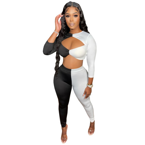 Sexy Black/White Stitching Crop Top 2 Piece Set