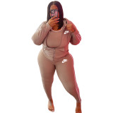 Solid Plus Size Khaki Printed Letter Zipper Hoodie Sweatpant Set with Pockets