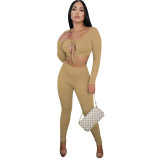 Autumn Rib Hollow Out Sexy Crop Top Two Piece Set