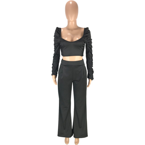Solid Color Pleated Top Trousers Two Piece Women Clothing with Pockets