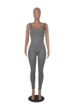 Solid Color Ribbed Sleeveless Square Neck Backless Tank Jumpsuit
