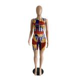 Casual Print Sleeveless Crop Top Short Set