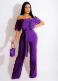 Women Slim Ruffle Off Shoulder Short Sleeve Solid Long Pants Jumpsuit with Belt