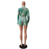 Women Printed Long Sleeve Cardigan Shirt Shorts Casual Set