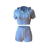 Solid Light Blue Zipper Cardigan Hooded Cropped Two-Piece Short Summer Set