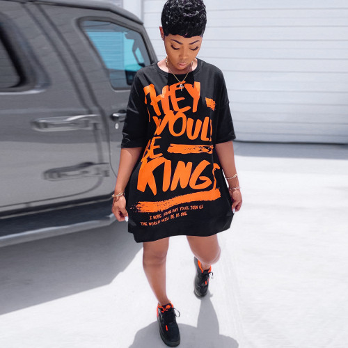 Casual Black Printed Letter Bat Sleeve Oversized Loose Shirt Dress