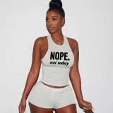 Casual Light Grey Printed Letter Sports Sleeveless Tank Top Shorts Set