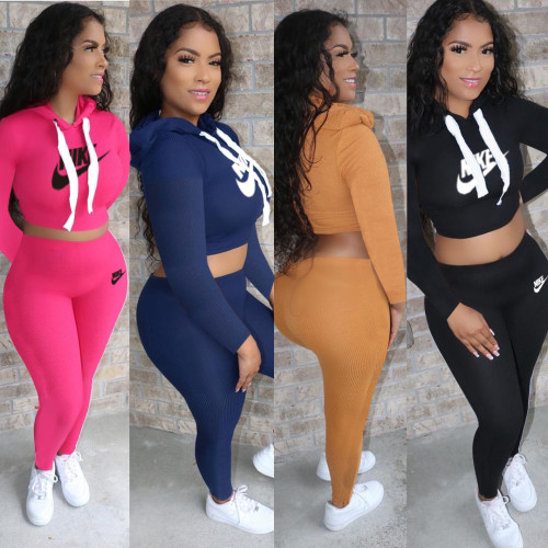 Women's Outdoor Sport Printed Pit Long Sleeve Hoodie Trousers Two Piece Set