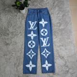 Casual Offset Printing Denim Trousers High Waist Blue Washed Jeans