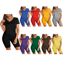 Fashion Solid Color V Neck Short Sleeve Shorts Set