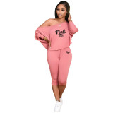 Women 2 Pieces Sets Sloping Shoulder Batwing Sleeve Letter Print Crop Top And Drawstring Pants Set