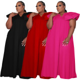 Solid Color Plus Size Woven Ruffled Sleeve V-neck Stitching Party Dress