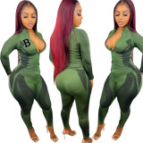 2Pcs Women Outfits Splicing Color Zip-Up Tops + High-Waist Slim Pants