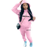 Casual Letter Pyrography Velvet Drawstring Kangaroo Pocket Hoodie & Pants Set