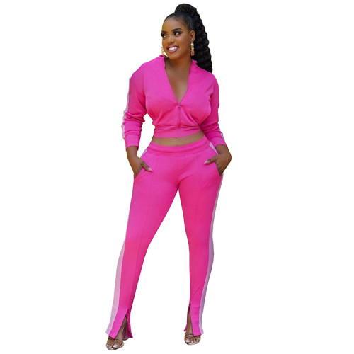 Casual Rose Zipper High Neck Joggers Two Piece Pants Sets Women 2021 For Fall and Winter