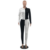 Black and White Stitching Color Turn-down Neck Long Pant Set